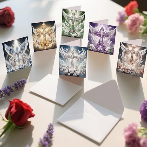 6 Pack Diamond Painting Greeting Cards with Envelopes, DIY 5D Diamond Art Card Kit Winged Cross Designs, 30x15cm Handmade Religious Cards Crafts for Spiritual Blessings and Faithful Greetings