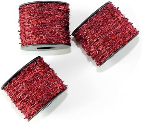 Artisanal Yarn Collection Multifiber Fancy Yarn for Knitting Crocheting Crafts DIY, Set of 3 Rolls (Red Teardrop Sequins)