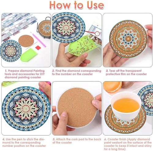 ijbnhd 8 Pack Mandala Diamond Art Coasters Kits 4x4 inch (Cork Wooden Pad)