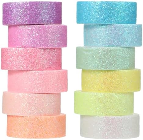 salbsever 12 Rolls Glitter Washi Tape, Decorative Washi Tape Rolls Colorful Holographic Tapes for Arts, DIY Crafts, Journals, Planners, Scrapbook, Wrapping