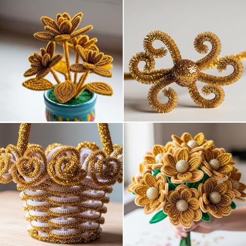 Caydo 200 Pieces Glitter Golden Pipe Cleaners, Thick Fluffy Chenille Stems, Pipe Cleaner Crafts for Arts & Crafts, Perfect for Making Animals, Flowers, and Home Decorations