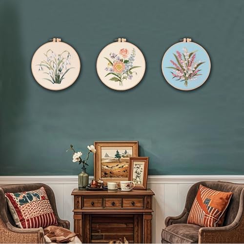 Myfelicity Embroidery kit for Adults and Beginners, Includes 3 Floral Pattern Fabrics, 3 Embroidery Hoops, Embroidery Floss and Other Tools.