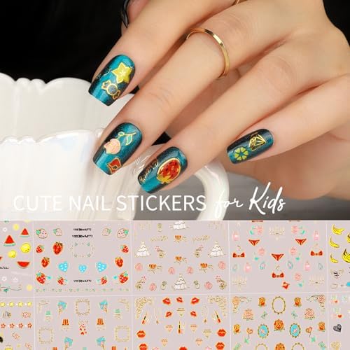 Teenitor 50 Sheets Nail Stickers for Kids, Cute Nail Decals for Girls Women, 3D Self Adhesive Gold Nail Stickers for Nail Art, Star Fruit Butterfly Silver Nail Art Deals for Holiday