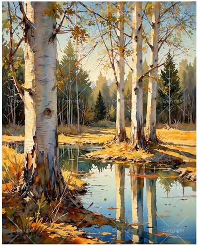 TAOPAOLAB Nature Scene Paint by Numbers Kit for Adults - DIY Autumn Birch Trees by Pond Painting on Canvas 16x20 Inches, Acrylic Paint Set, Suitable for Beginners, Art for Home Decoration or Gifts