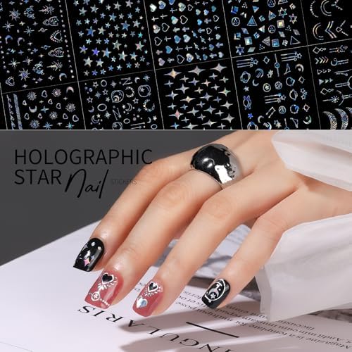 Teenitor 50 Sheets Aurora Nail Stickers for Nail Art, Star Nail Art Stickers for Kids Women, Laser Silver Nail Decals Fingernail Stickers for Holiday, Self-Adhesive Nail Decorations