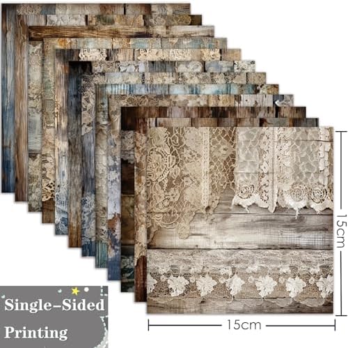Vintage Lace Scrapbook Paper Pad, 6 x 6 Inch Rustic Wood Grain 160gsm Cardstock, 24 Sheets Shabby Chic Craft Paper for Bridal Album, Wedding Invitation DIY