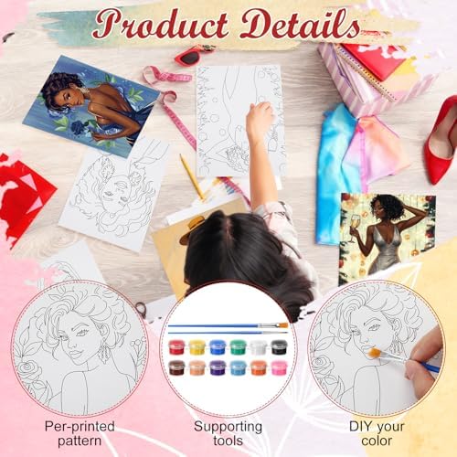 Blosssound 10 Set Charming Lady Pre Printed Canvas Pre Drawn Canvas Painting with Easel Kits 5" x 7" Sip and Paint Party Kit for DIY Art, Adult's Date Night
