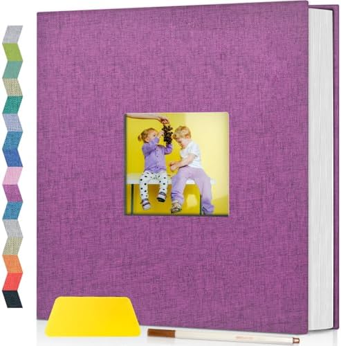 Popotop Photo Album Self Adhesive with Picture Display Window,60 Pages DIY Scrapbooking Supplies Kit for 4x6 8x10 Picture,Linen Cover Memory Book for Baby Wedding, with Scraper and Metallic Pen