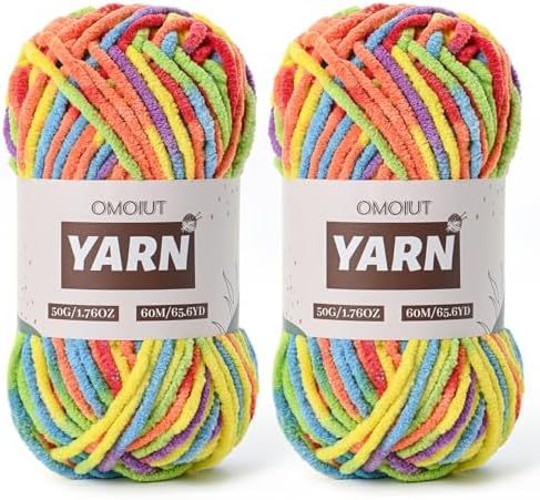 2 Packs Plush Chenille Chunky Crochet Yarn - Baby Yarn for Crocheting Soft - Velvet Yarns Knitting for Blankets Crafts - Fluffy Amigurumi Yarns 100g/131yds (2 Rainbow)