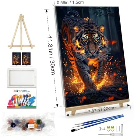 JOOZ Paint by Numbers Kit for Adults with Frame Tiger Paint by Number with Easel Animal Adult Paint by Number Kits on Canvas DIY Paint by Number for Adults for Gift Home Wall Decor 7.87x11.81 Inch