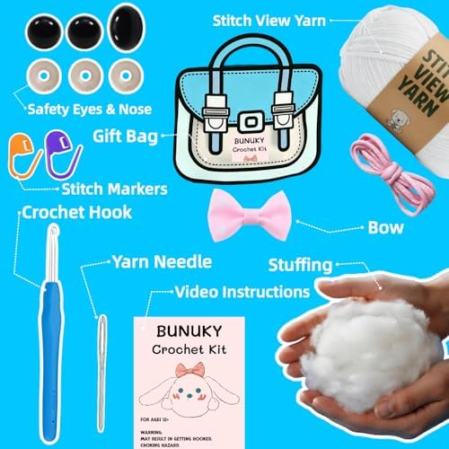 BUNUKY Beginner Crochet Kit, Snowy Bunny Amigurumi Starter Kit with Easy Video Tutorials, Complete DIY Rabbit Craft Kit Gift for Adults, Teens & Girls