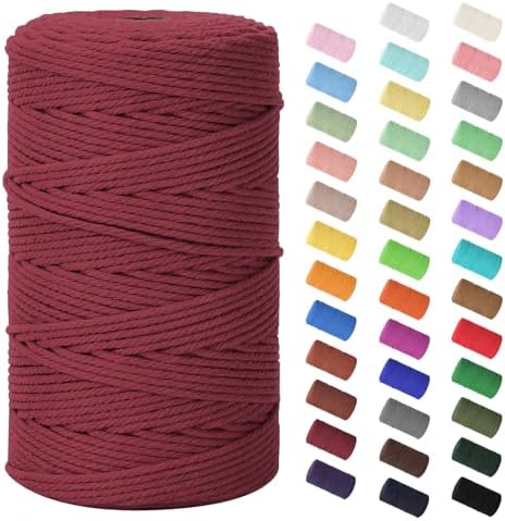 Natural Cotton Macrame Rope - 3mm x 220Yards (656Feet), 4 Strands Twisted Cotton Cord for Wall Hanging, Plant Hangers, Crafts, Gift Wrapping and Wedding Decorations, Wine Red