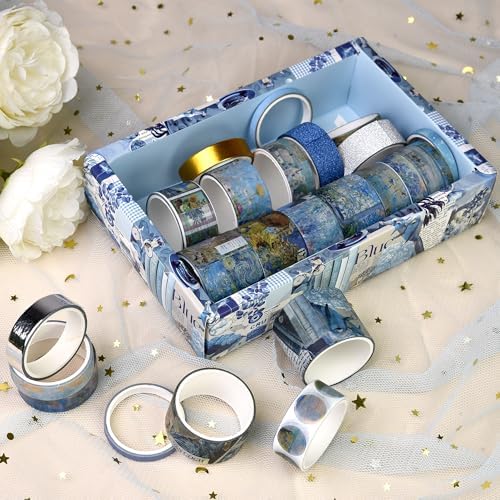 Washi Tape Set, 24 Rolls Vintage Washi Stickers, Assorted Sizes, for Junk Journal Scrapbook Tape, Bullet Journaling Scrapbooking Supplies, Planner Sticker DIY Craft DéCor (Blue)