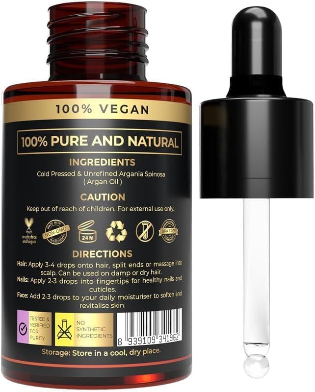 100% Plant Based Argan Oil - Moroccan Oil for Hair and Skin - Pure, Cold-Pressed, Natural - Best Argan Oils for Frizzy Hair, Face and Body - Pure Oils of Morocco - Hydrating and Nourishing