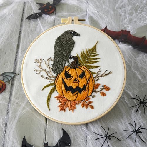 Crafmanoe Halloween Embroidery Starter Kits for Beginners Adults, Fall Pumpkin Stamped Cross Stitch Kits for Beginners Adults, Crow Gothic Embroidery Needlepoint Kits, Hoops, Fabric and Video Tutorial