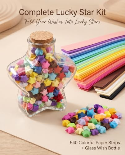 jojofuny Lucky Star Origami Kit with Glass Wish Bottle, 540pcs Paper Strips