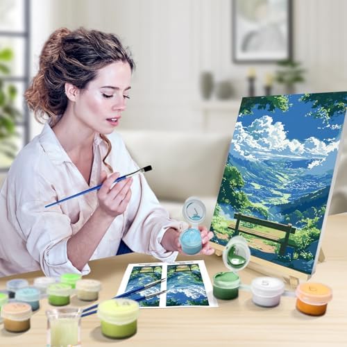 JOOZ Paint by Numbers kit for Adults with Frame, Landscape Paint by Number Canvas, Mountain Paint by Number with Easel, DIY Paint by Number Kits for Adults Landscape for Home Wall Decor 8 x 12 Inch