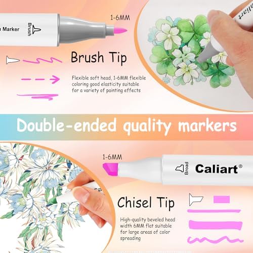 Caliart 100 Colors Pastel Alcohol Markers Brush Tip & Chisel Art Markers | Permanent Pens Art Supplies Gift for Adults Coloring Book, Drawing Illustration Sketch Coloring Markers Set with Carry Case