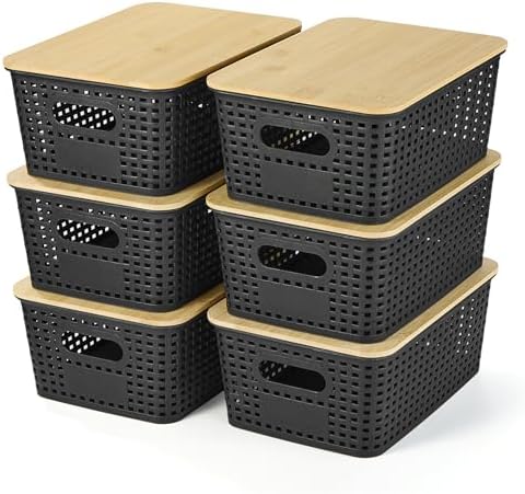Ohmlove 6 Pack Plastic Storage Baskets with Bamboo Lids for Organization