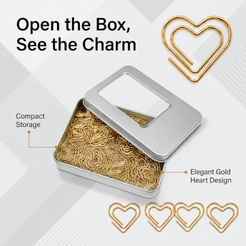 Cute Gold Heart Paper Clips 100 Pcs, Planner Bookmark Clips