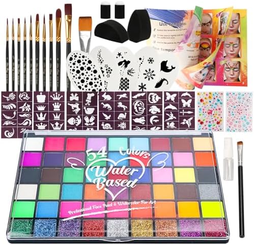 Pintada 54 Color Face Painting Kit for Kids - Non Toxic Water Based face paint Set with Brushes, Stencils, Gems & Sponges, - Safe for Sensitive Skin, Halloween, Birthday Parties, Cosplay & Festivals