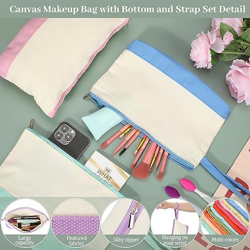 Silkfly 48 Pcs Cotton Canvas Makeup Bags Cosmetic Zipper Bags 10.2 x 5.5 x 2'' Blank DIY Pouch Bulk Pencil Case with Bottom Travel Toiletry Pouch for Women Craft Decor Gift (12 Colors)