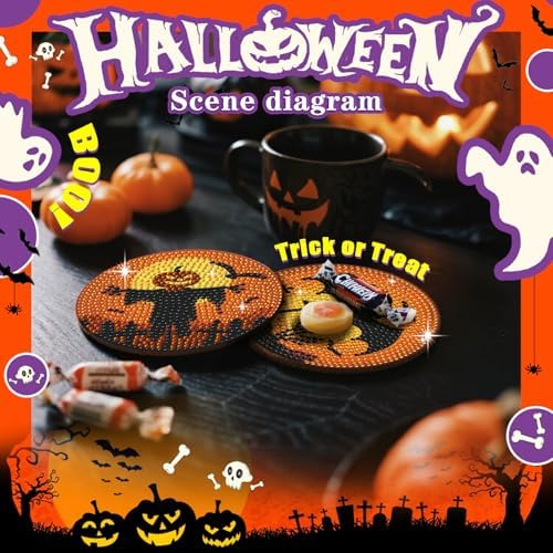 Leatrice 8 PCS Halloween Diamond Art Coasters Set with Holder 4 in