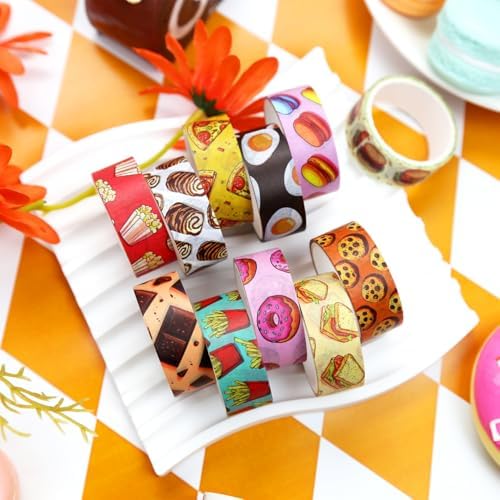 12 Rolls Cute Food Themed Washi Tape Set, Cartoon Yummy Dessert Decorative Tape Macarons Colorful Masking Tape for Journaling Supplies, Junk Journal, Scrapbooking, DIY Arts & Crafts Supplies
