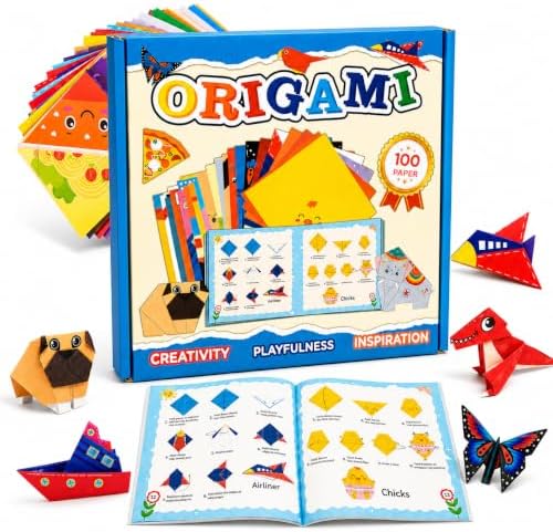 Origami Kit for Kids Ages 5-8 8-12, 100 Sheets Colored Origami Paper - 45 Animal Patterns with Instruction Manual & Video Guide, Travel Game Activity, Gifts for 8 Year Old Girls