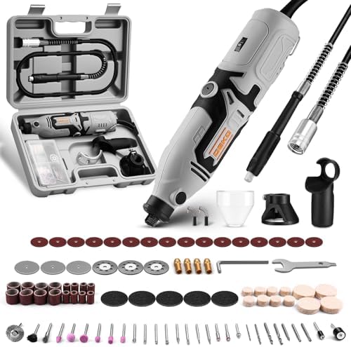 Rotary Tool Kit:DEKOPRO 1.4-Amp Power Hand Rotary Tools with 6 Variable Speed, 127pcs Accessories, 8000~35000RPM Electric Grinder Drill Machine Set with Flex Shaft for Carving, Cutting, Sanding Gray