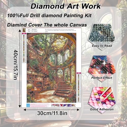AIBOERL Diamond Art Kits for Adults，Bookstore Diamond Painting Wall Decor | Round Drill Vintage Book Diamond Painting for Beginners DIY Rhinestone 5D Diamond dots(Gemstone Craft)Wall Art Gift 12x16IN