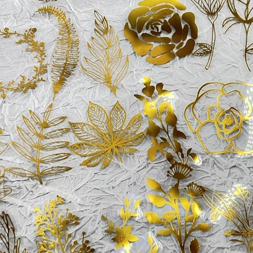 50PCS Boughs and Flowers Stickers Aesthetic PET Stickers Gold Stamp Decal Waterproof Decorative Decals for Scrapbook DIY Crafts Album Bullet Journal Planner Water Bottles Laptop Phone (Gold Stamp-C)