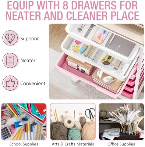 TOOLF Rolling Storage Cart with 8 Drawers,Rose Pink | Utility Cart on Wheels with Wooden Tabletop,Teacher Organization for Classroom, Art Cart for Office,Bedroom,Craft Room