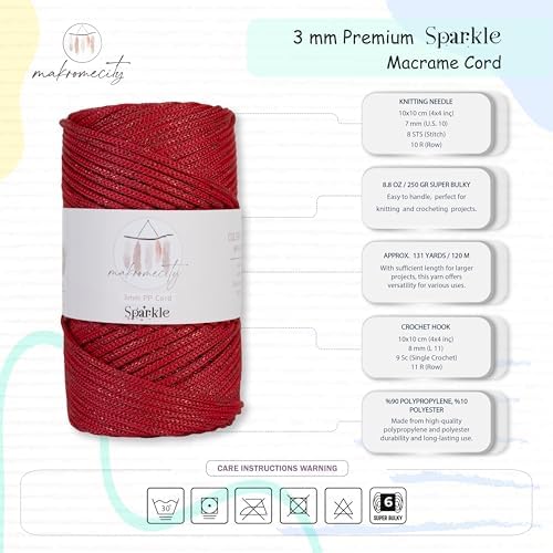 Makromecity Sparkle Polypropylene Macrame Cord 3mm x 131 Yards (394 feet) Premium Polyester Macrame Cord for Macrame Art & Crafts for Wall Hangings, Bags, Underplate, Rug