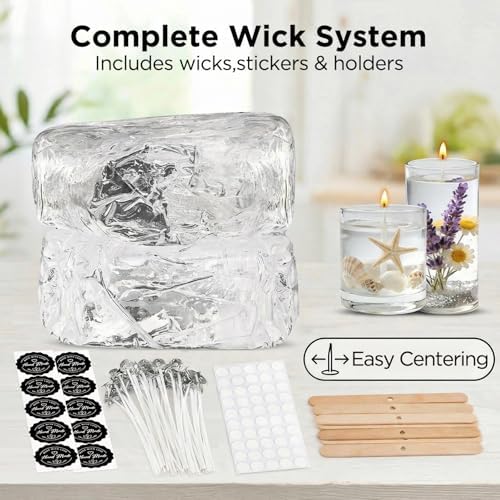 LumaCraft Clear Gel Wax for Candle Making - 2.2LB (1000g) Transparent Jelly Candle Wax with Wicks, Wick Stickers & Holders - Non-Toxic, Unscented DIY Gel Wax for Beginners & Crafters