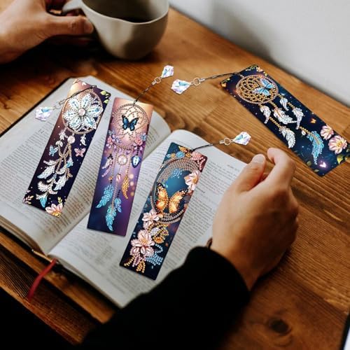 4 Pack Diamond Painting Bookmarks for Adults, 5D DIY Diamond Art Bookmark Kit with Tassels, Rhinestone Craft Supplies for Reading Lovers, Dreamcatcher & Butterfly Designs