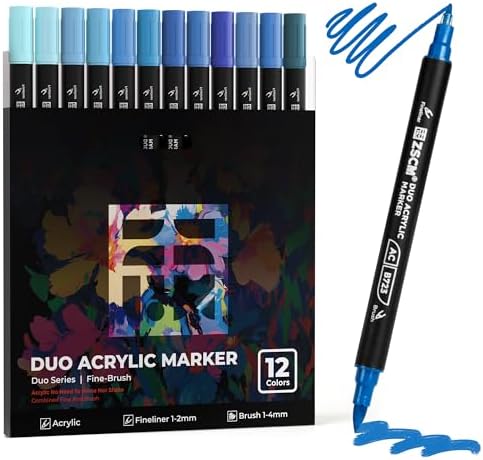 ZSCM 12 Blue Acrylic Paint Markers, Dual Fine & Brush Tip Acrylic Pens