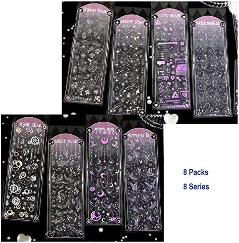 8Pack Holographic Glitter Sticker Material Set 3D Shape Frame Stickers for Scrapbooking Decorative Decals Paper Planner Bullet Junk Journal Supplies for Album Notebook DIY Art Craft