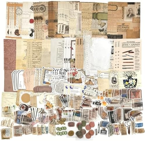 Esweny 260PCS Vintage Journaling Scrapbooking Supplies Scrapbook Sticker Paper Ephemera Pack for Junk Journal Planners Collage Craft Notebooks Album (Pen Ink and Letter)