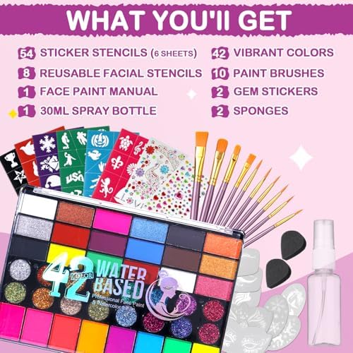 Face Painting Kit for Party, 42 Color Non-Toxic Water Activated Face Paint Palette for Artist Festival Stage Cosplay Birthday Parties Makeup Set with Stencils, Gems, Brushes TA641KIT