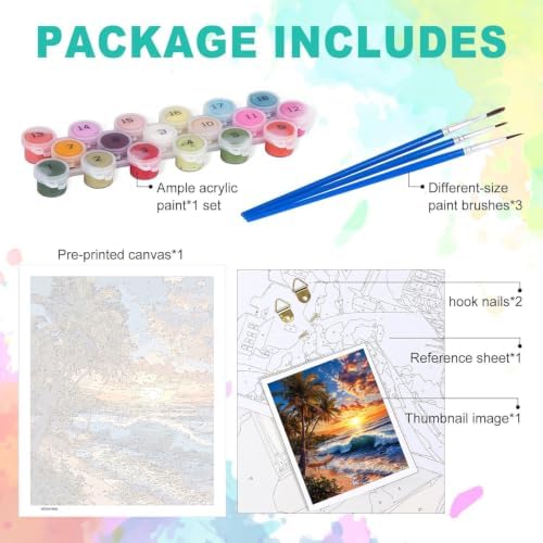 Beach Paint by Numbers Kit for Adults, DIY Oil Painting Canvas 16x20inch