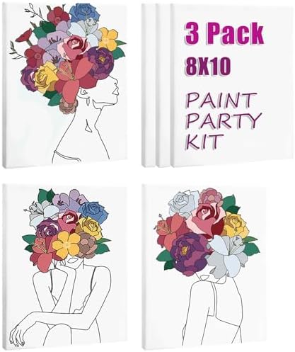 HAGUDAMU 3 Pack Flower Girl|Pre Drawn Canvas for Painting for Adults Paint and Sip Party Supplies Canvas Painting Kits Stretched Canvas to Paint Games Ladies Night Flowers Girl Art Set(8x10)
