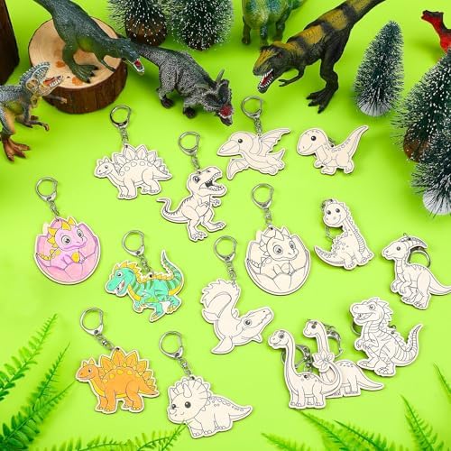 Trnayi 36 Pcs Dinosaur Unfinished Wood Keychain DIY Craft | Dinosaur Wooden Keychain, Color Your Own Unfinished Craft, Blank Wood Painting DIY Craft, for Birthday Home Handcraft Project