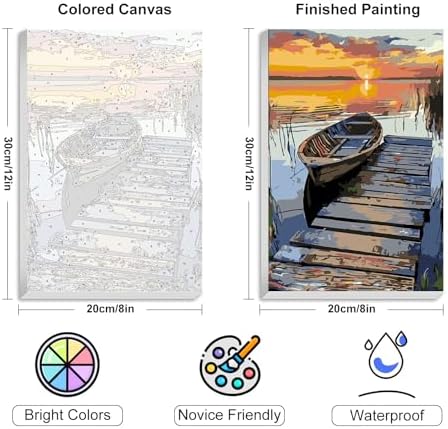 4 Pack Framed Paint by Numbers Kit for Adults with Wooden Easel, Sunset | With Frame, Lake Landscape DIY Acrylic Painting, For Adults Beginner, Stress Relief Craft Kits, Home Wall Decor Gift, 8x12 IN