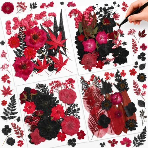 Nuanchu Black Red Dried Pressed Flowers for Craft Resin, Gothic Halloween