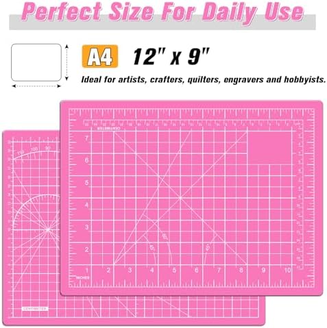 DIYSELF 9in×12in Cutting Mat, A4 Self Healing Craft Mat for Sewing | A4 Pink Cutting Mat for Fabric, Quilting and Scrapbooking, 5-Ply Double-Sided Craft Cutting Board with Grid and Angle Lines