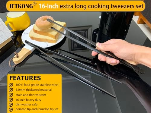 JETKONG 2 Pcs 16-Inch Heavy Duty Plating Tongs, Extra-Long Kitchen Fine Tongs Large Stainless Steel Cooking Forceps (Black)