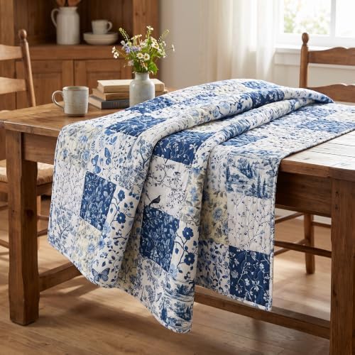 HunnmingRe 20 Pcs 10''x10'' Blue White Flower Quilting Fabric Square Chinoiserie Floral Precuts Quilted Fabric Bundle Butterfly Bird Printed Sewing Material for Holiday Patchwork DIY Craft Supplies