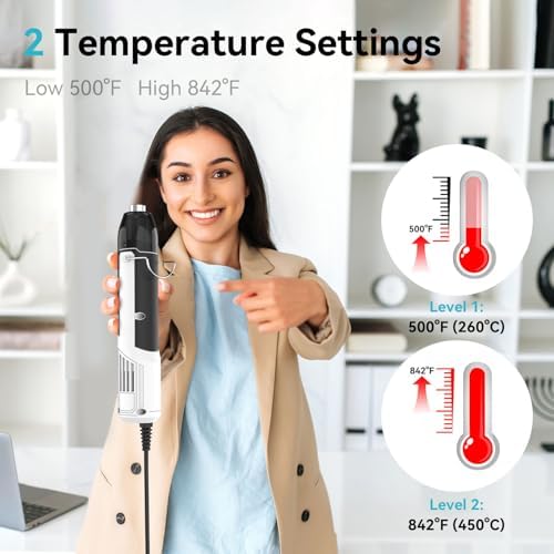 DELI Mini Heat Gun, 350W Dual Temp 500℉/842℉ (260℃/450℃) with Reflector & Extra Nozzles, 6 FT Cable, Overload Protection – for Crafting, Vinyl Wrap, Epoxy, Resin, Shrink Tubing