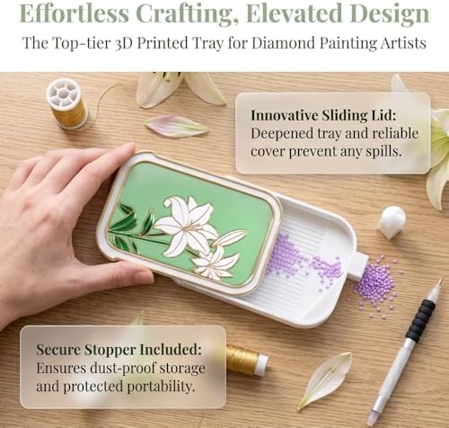 RaySoar 3D Printed Diamond Art Trays with Lids, High Edge Anti-Spill Rhinestone Tray with Exquisite Pattern for Diamond Art Accessories - White